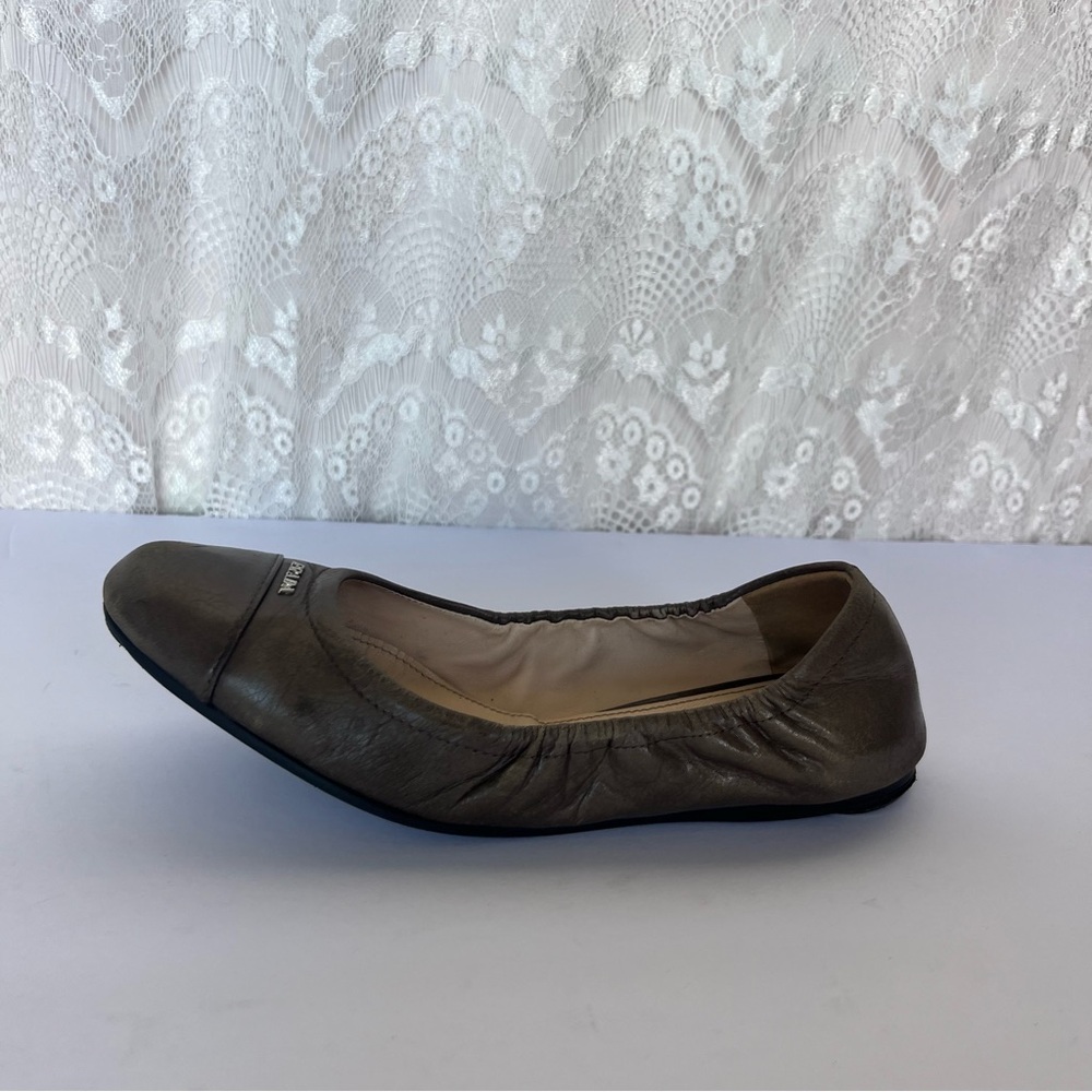 PRADA Sz 36 Logo GREY Leather Ballet Flat Shoe Ballerina GRAY